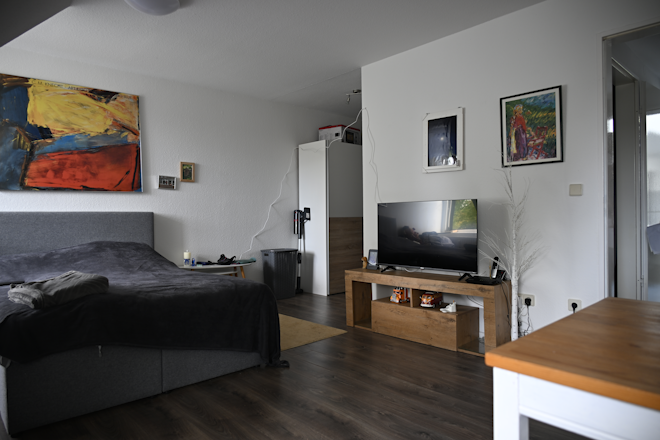 Individuell eingerichtete Wohnung mit Bett, Wohnbereich und Fernseher.